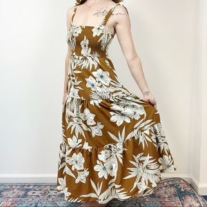 Hudson Gray Brown Palm Leaf Print Square Neckline Tie Strap Maternity Midi Dress